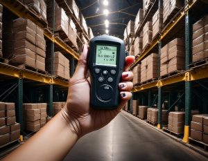 luxmeter för att mäta lux i lager med pallställ